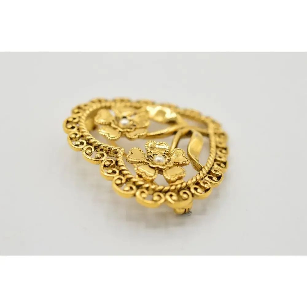 Vintage Pin Brooch Gold Floral Flower Heart Faux Seed Pearl Bead Metal 1980s 9B